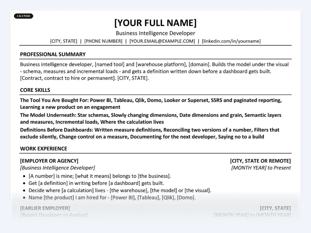 Business Intelligence Developer resume template, one page, ATS-friendly layout