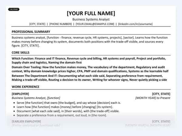 Business Systems Analyst resume template, one page, ATS-friendly layout