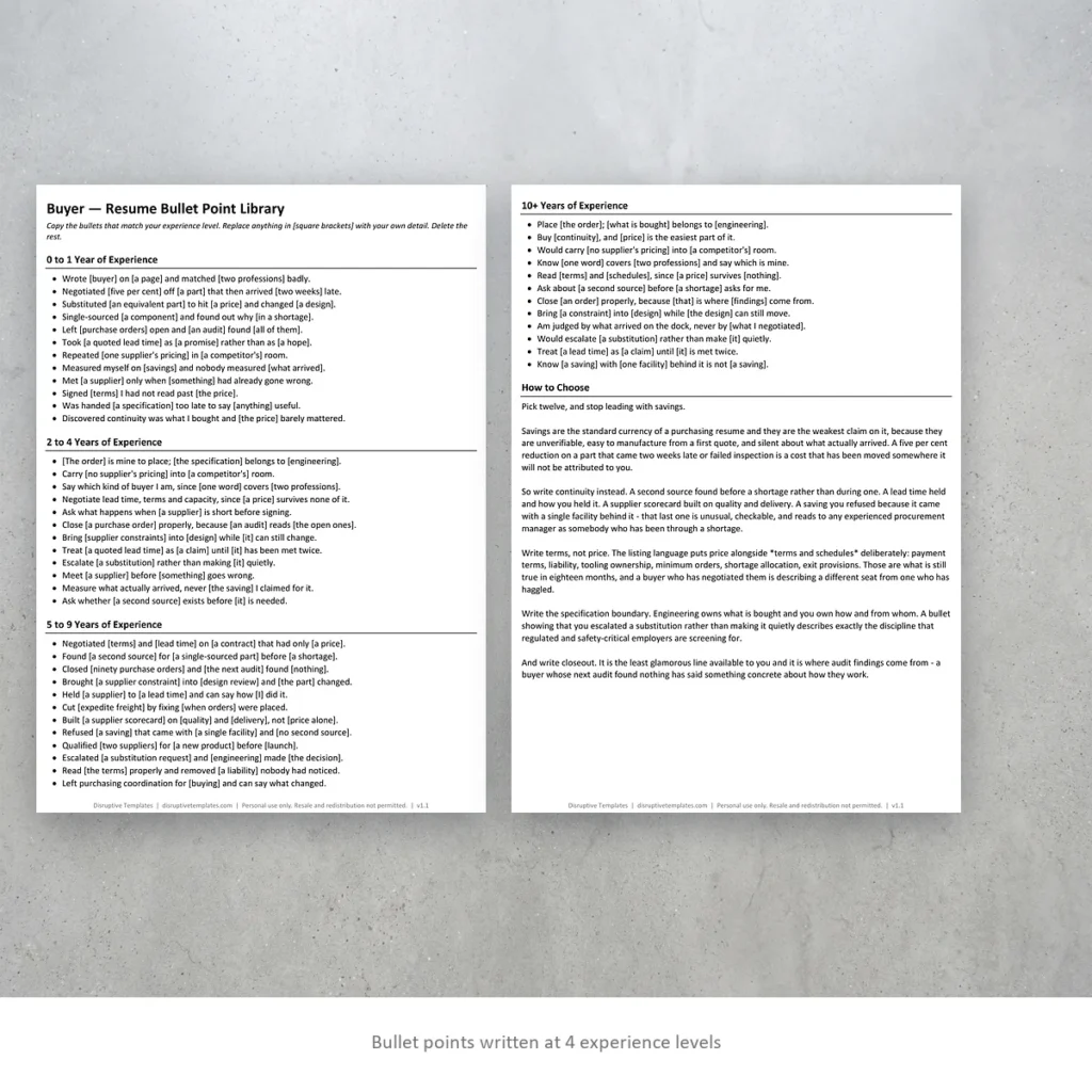 Buyer resume bullet points written at four experience levels
