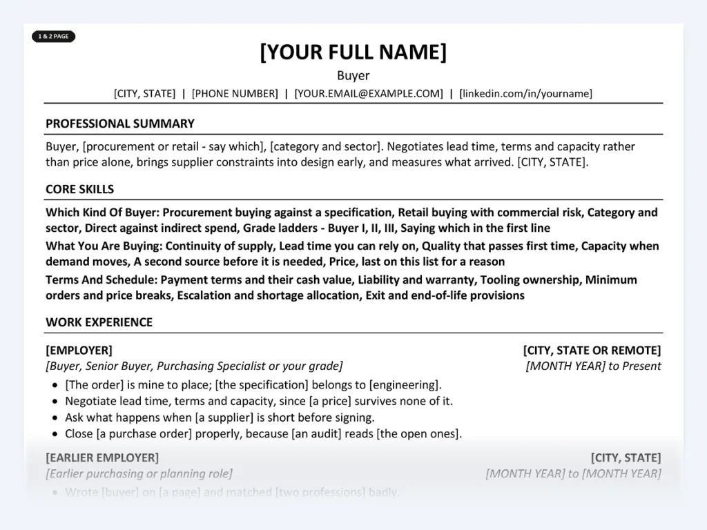 Buyer resume template, one page, ATS-friendly layout