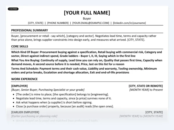 Buyer resume template, one page, ATS-friendly layout