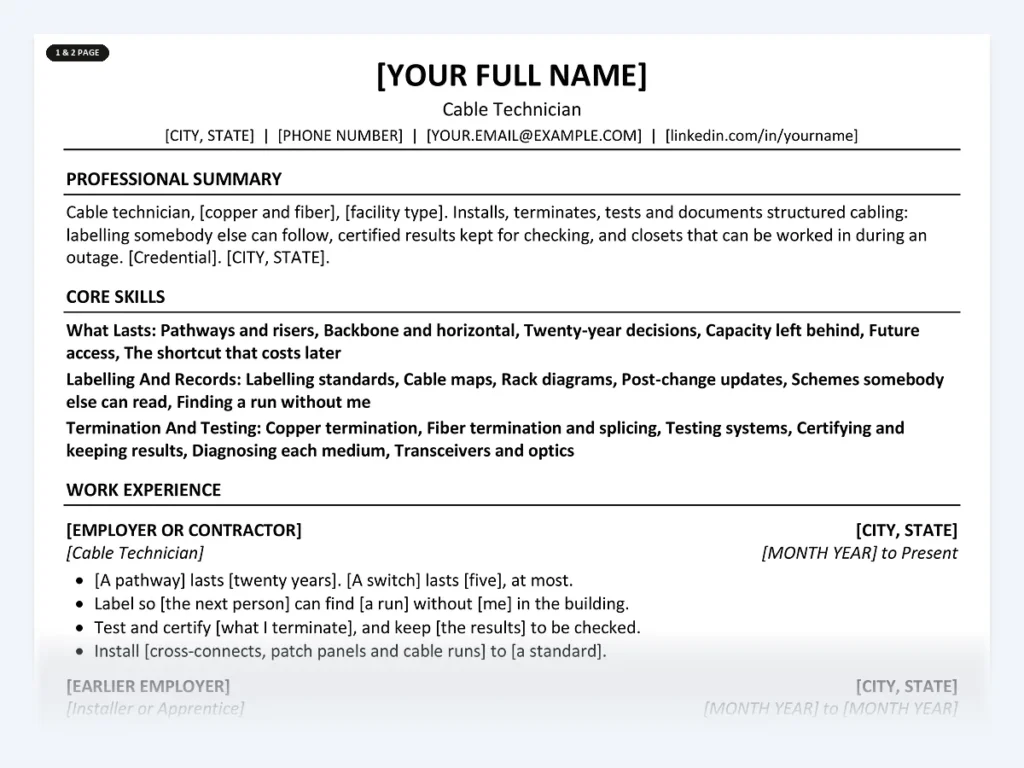 Cable Technician resume template, one page, ATS-friendly layout