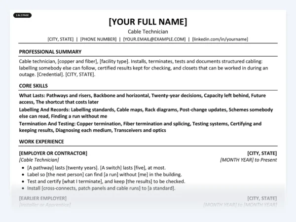 Cable Technician resume template, one page, ATS-friendly layout