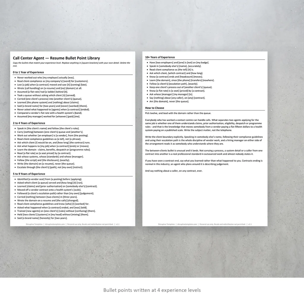 Call Center Agent resume bullet points written at four experience levels