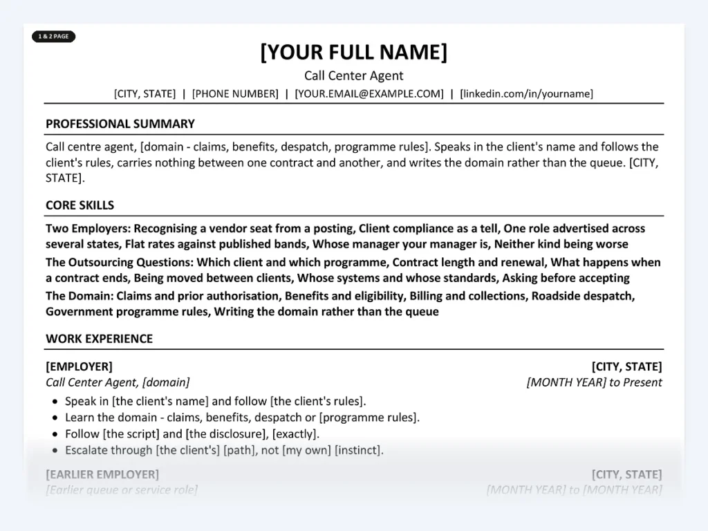 Call Center Agent resume template, one page, ATS-friendly layout