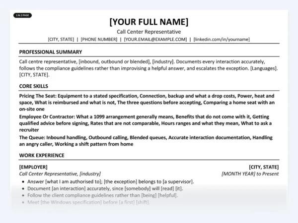 Call Center Representative resume template, one page, ATS-friendly layout