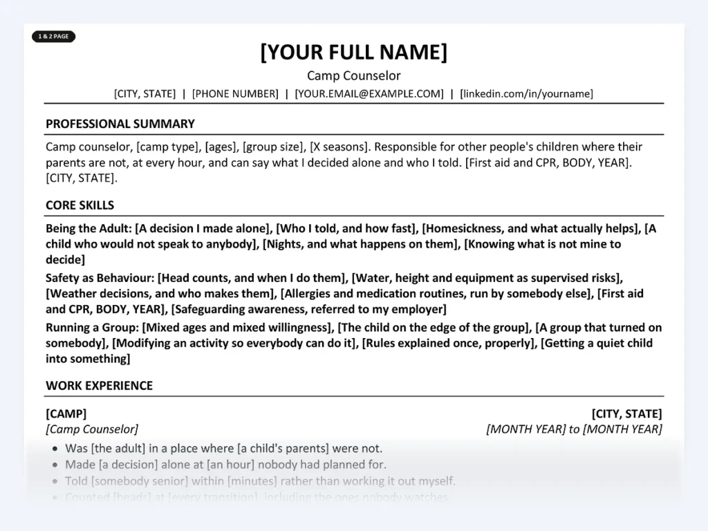 Camp Counselor resume template, one page, ATS-friendly layout