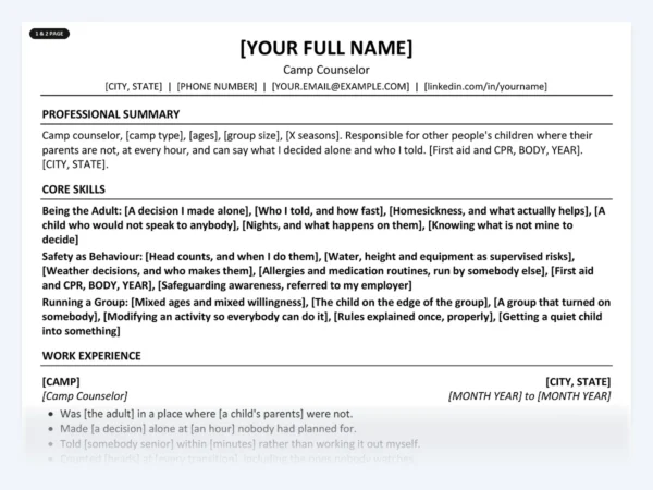 Camp Counselor resume template, one page, ATS-friendly layout
