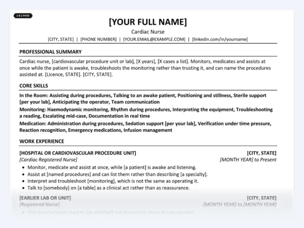 Cardiac Nurse resume template, one page, ATS-friendly layout