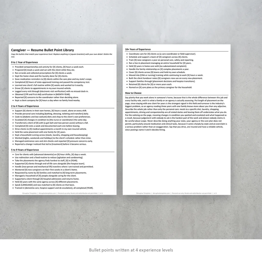 Caregiver resume bullet points written at four experience levels