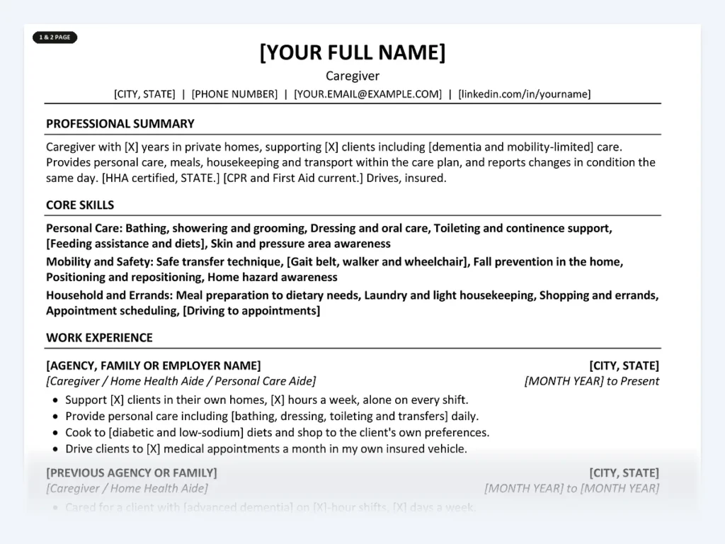 Caregiver resume template, one page, ATS-friendly layout