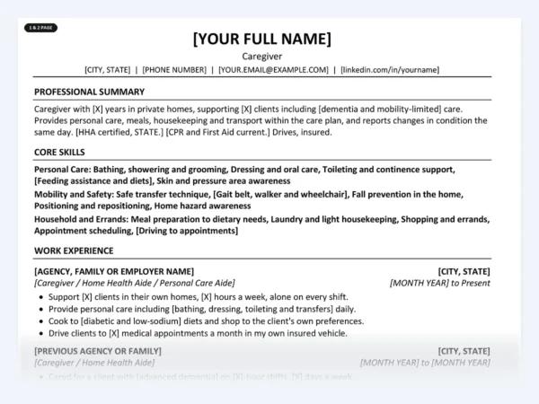 Caregiver resume template, one page, ATS-friendly layout
