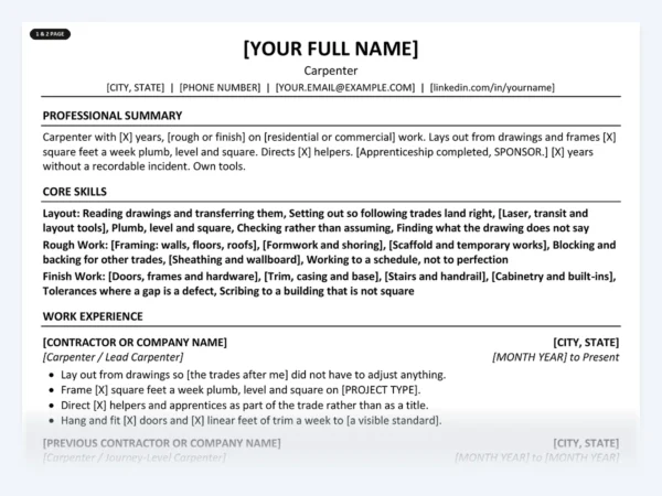 Carpenter resume template, one page, ATS-friendly layout