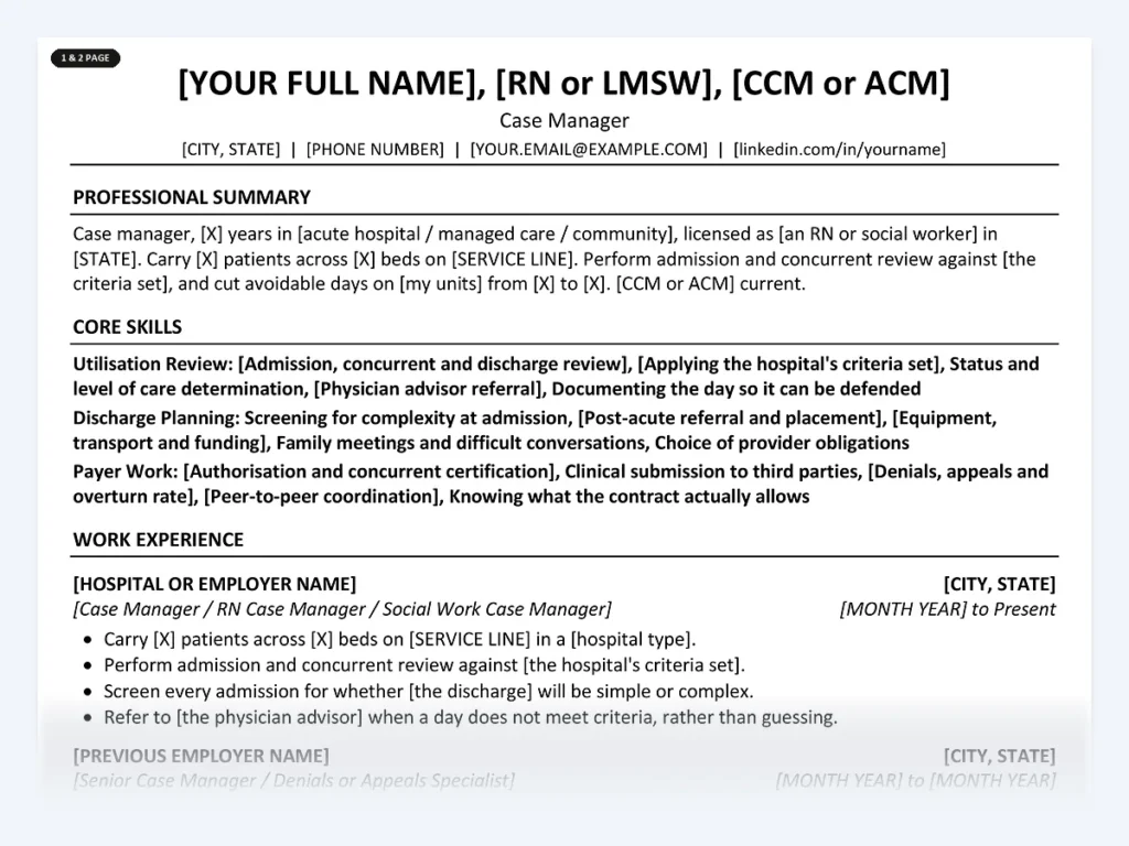 Case Manager resume template, one page, ATS-friendly layout