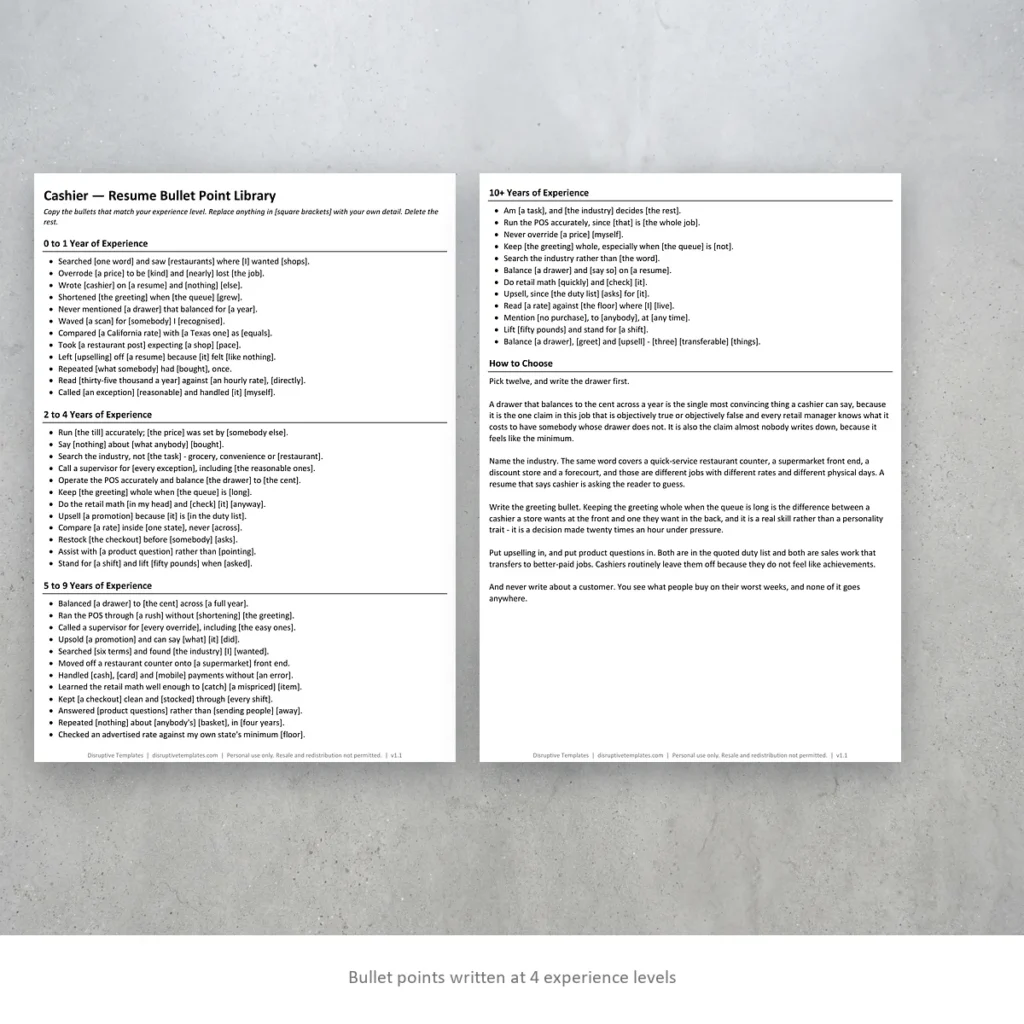 Cashier resume bullet points written at four experience levels