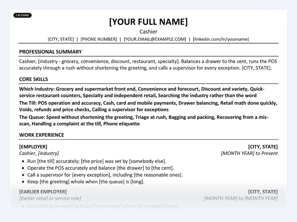 Cashier resume template, one page, ATS-friendly layout