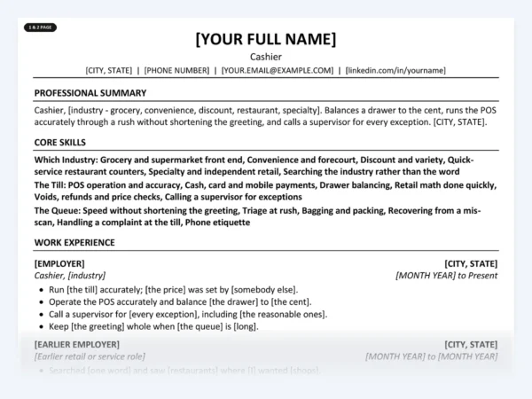 Cashier resume template, one page, ATS-friendly layout