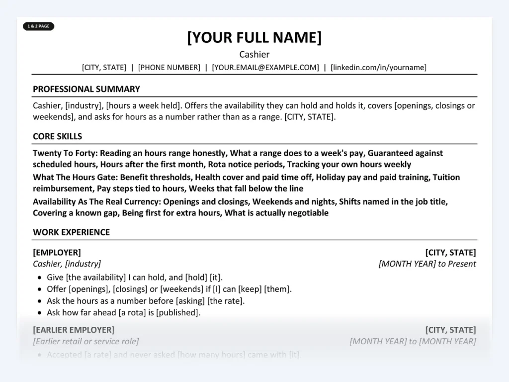 Cashier resume template, one page, ATS-friendly layout