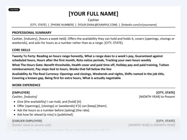 Cashier resume template, one page, ATS-friendly layout