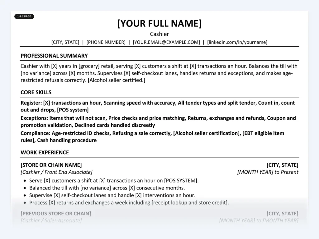 Cashier resume template, one page, ATS-friendly layout