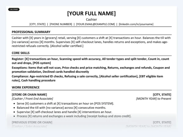Cashier resume template, one page, ATS-friendly layout