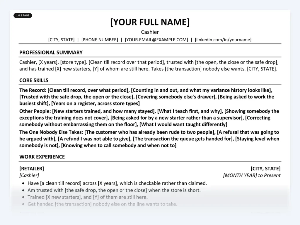 Cashier resume template, one page, ATS-friendly layout