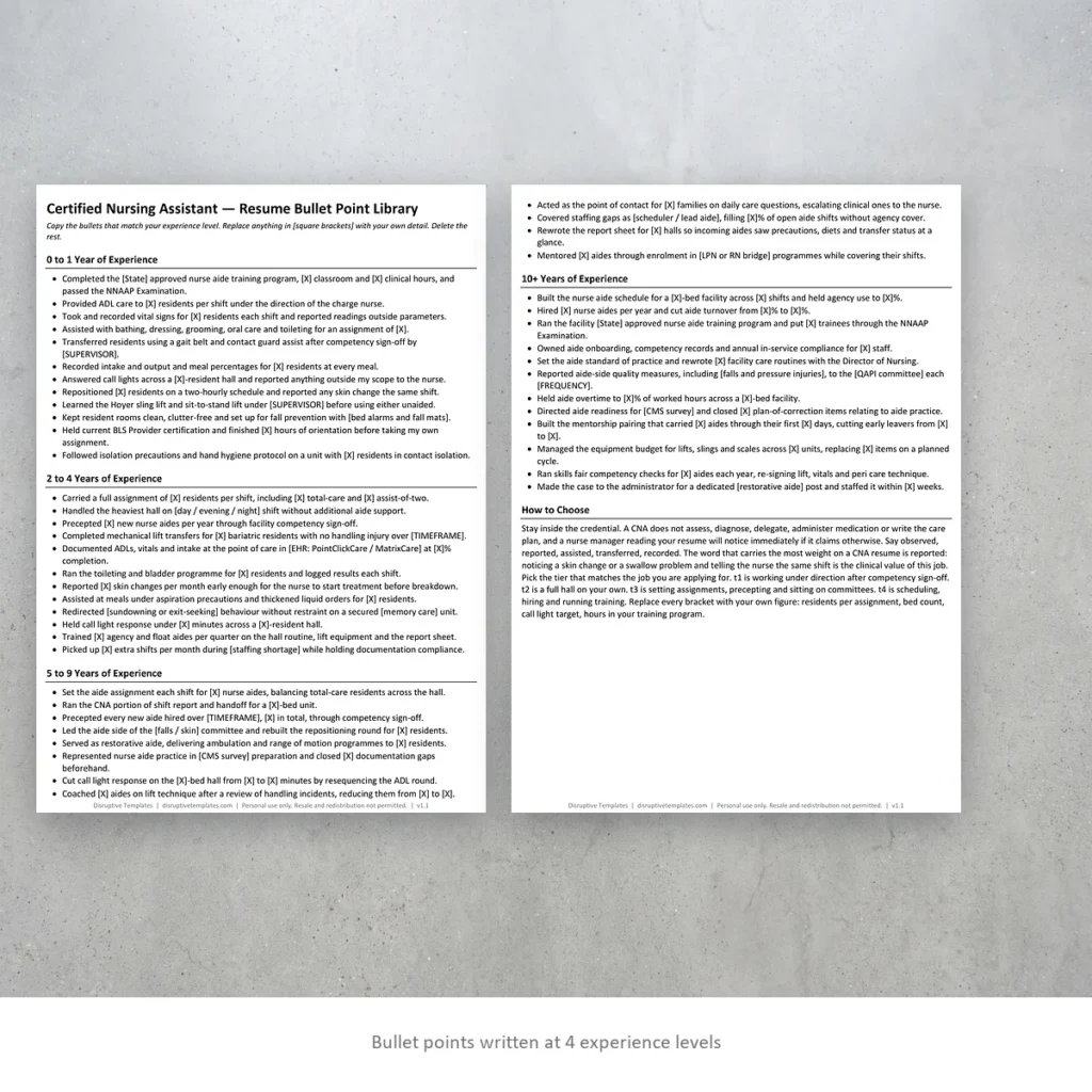 Bullet library page from the Disruptive Templates certified nursing assistant kit