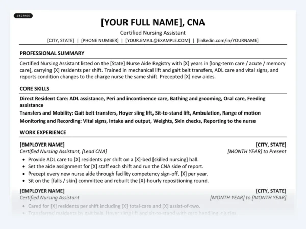 Certified Nursing Assistant resume template, one page, ATS-friendly layout