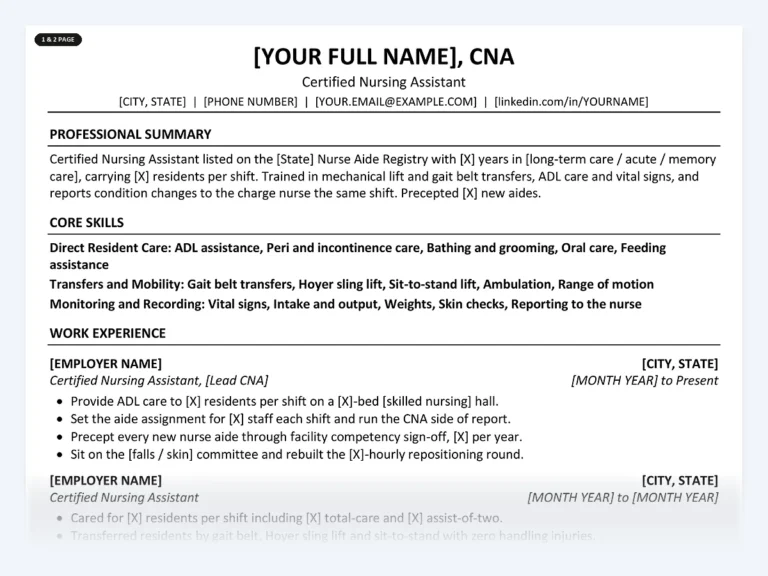 One-page certified nursing assistant resume template from the Disruptive Templates CNA kit