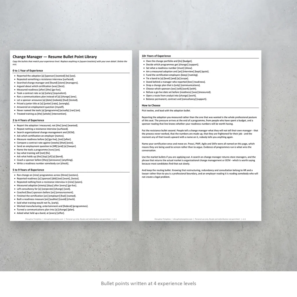 Change Manager resume bullet points written at four experience levels