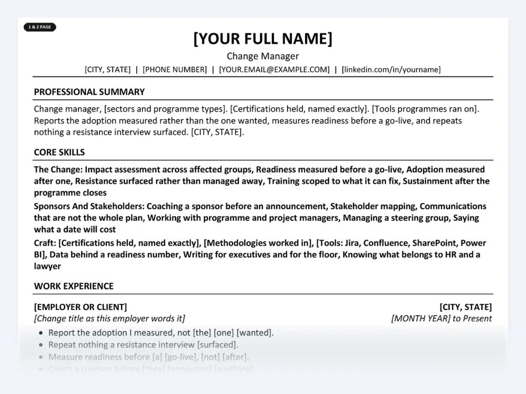 Change Manager resume template, one page, ATS-friendly layout