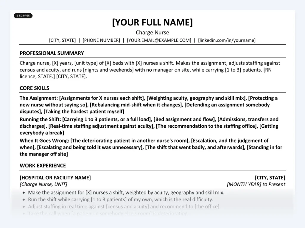 Charge Nurse resume template, one page, ATS-friendly layout