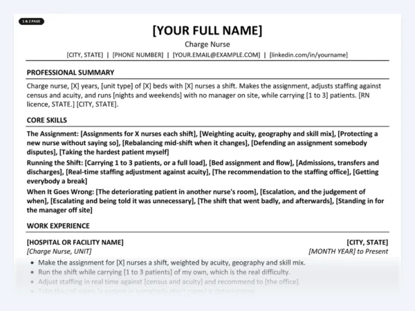 Charge Nurse resume template, one page, ATS-friendly layout