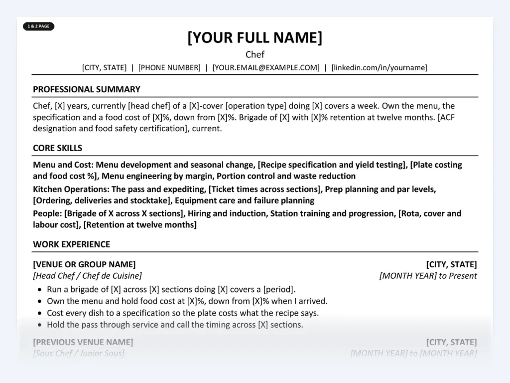 Chef resume template, one page, ATS-friendly layout