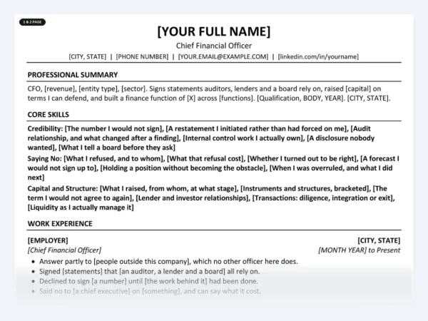 Chief Financial Officer resume template, one page, ATS-friendly layout