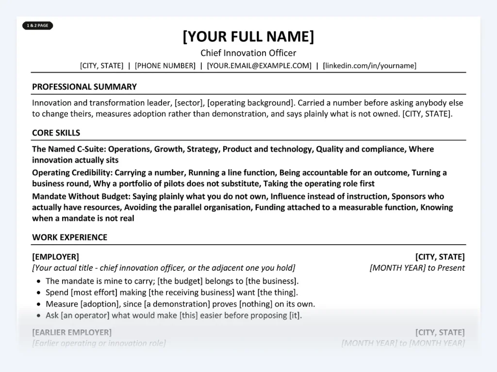 Chief Innovation Officer resume template, one page, ATS-friendly layout