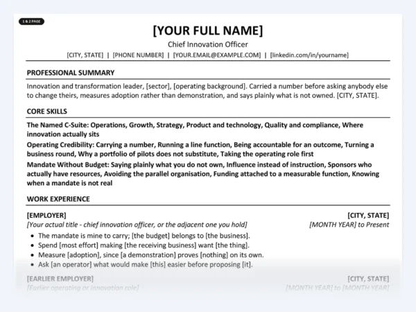Chief Innovation Officer resume template, one page, ATS-friendly layout