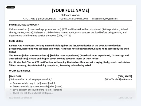 Childcare Worker resume template, one page, ATS-friendly layout