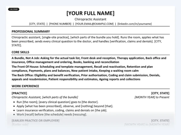 Chiropractic Assistant resume template, one page, ATS-friendly layout