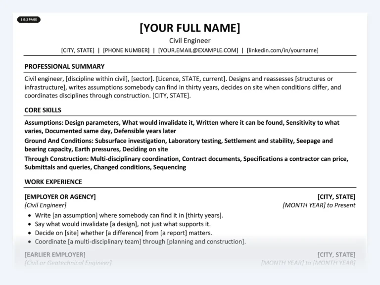 One-page civil engineer resume template from the Disruptive Templates civil engineer kit