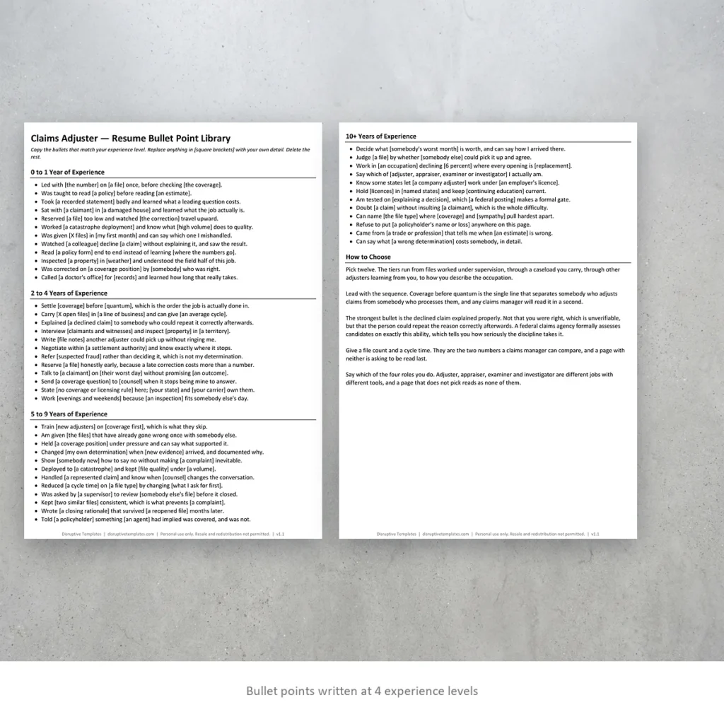 Claims Adjuster resume bullet points written at four experience levels