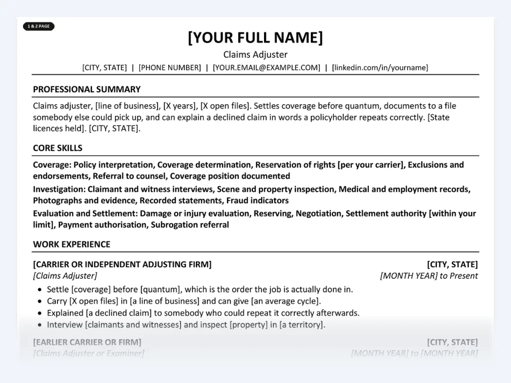 Claims Adjuster resume template, one page, ATS-friendly layout