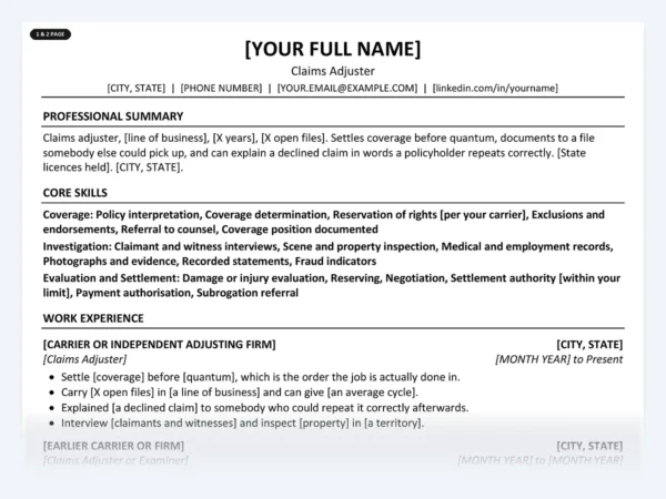 Claims Adjuster resume template, one page, ATS-friendly layout