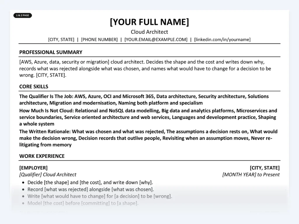 Cloud Architect resume template, one page, ATS-friendly layout