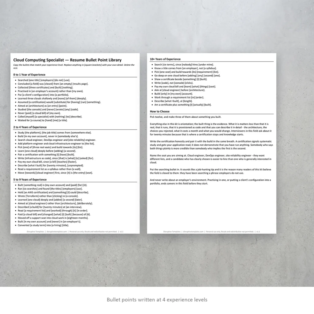 Cloud Computing Specialist resume bullet points written at four experience levels