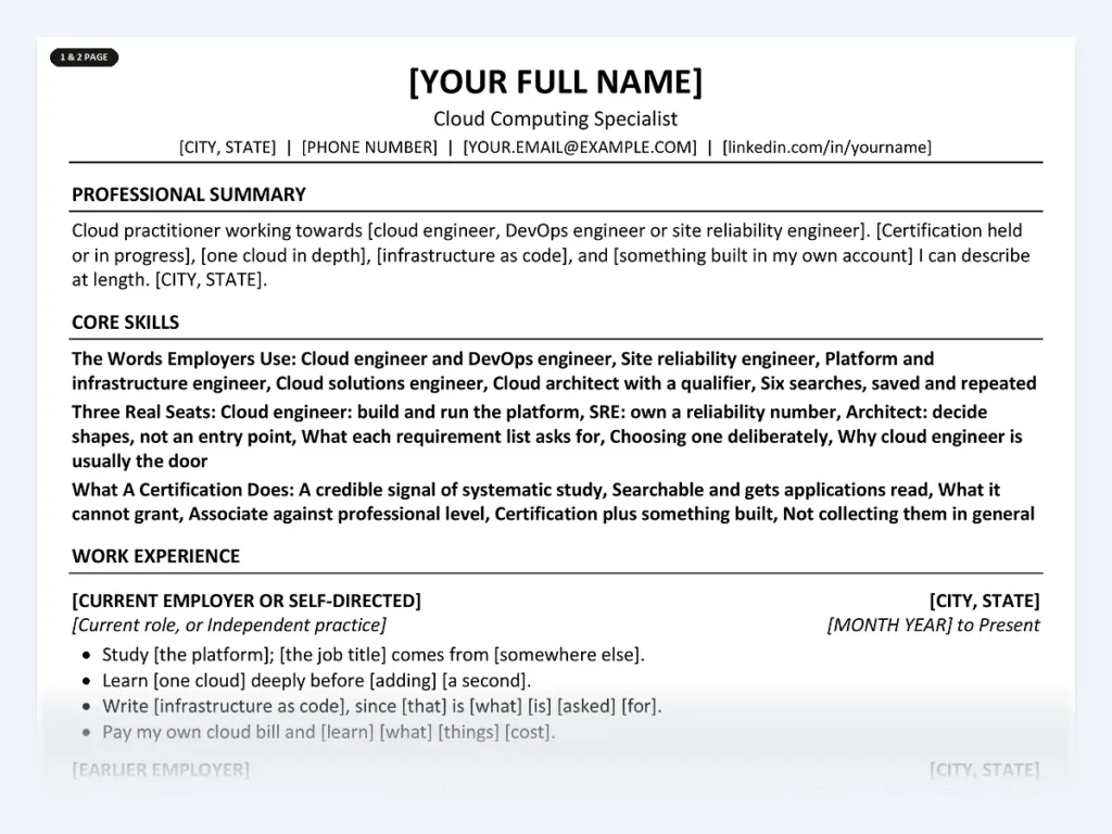 Cloud Computing Specialist resume template, one page, ATS-friendly layout