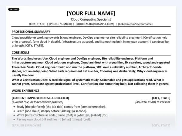 Cloud Computing Specialist resume template, one page, ATS-friendly layout