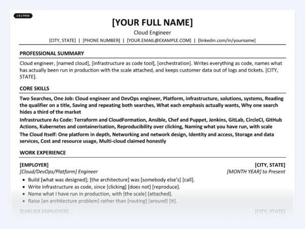 Cloud Engineer resume template, one page, ATS-friendly layout