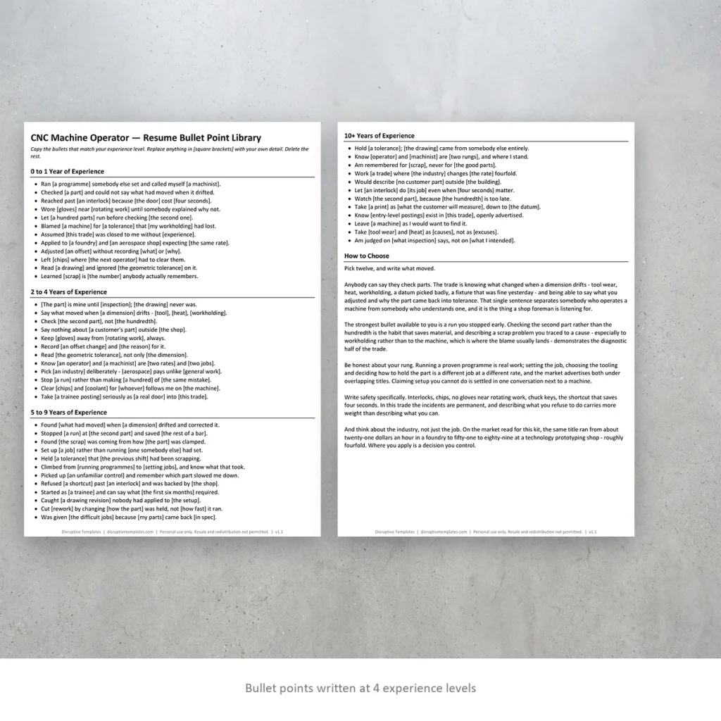 CNC Machine Operator resume bullet points written at four experience levels