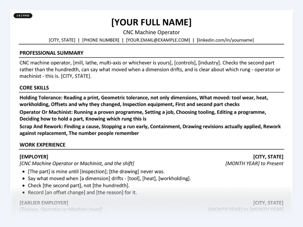 CNC Machine Operator resume template, one page, ATS-friendly layout
